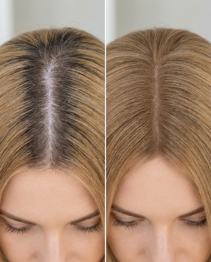 Blonde part line before and after root touch-up powder