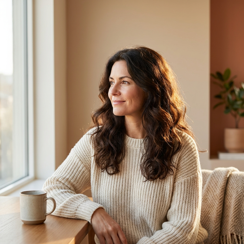 Woman with full-looking hair in warm morning light