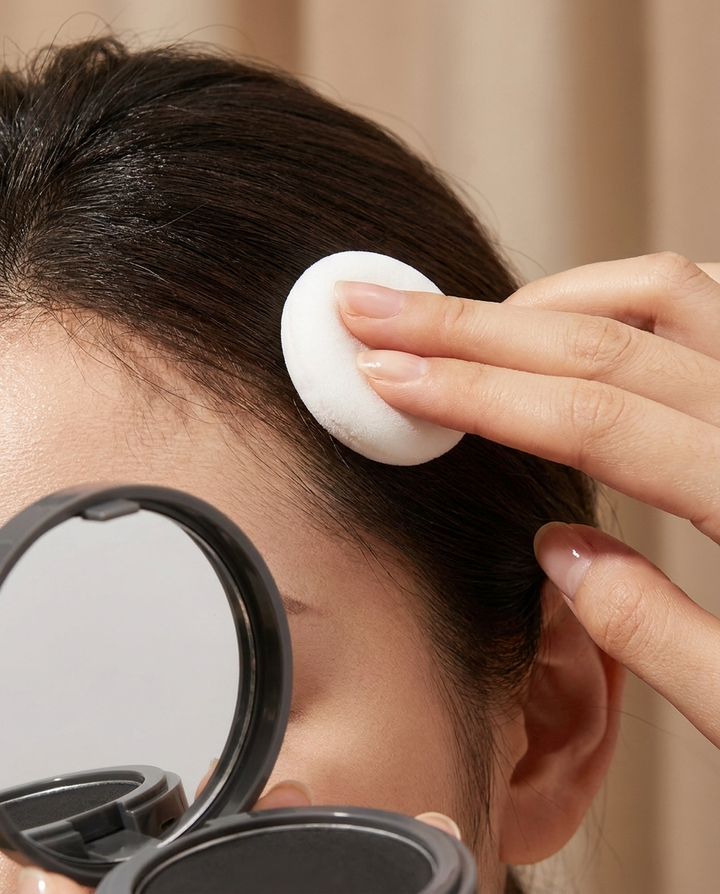 Applying DenseLines hairline powder at the temple with the white cushion puff applicator