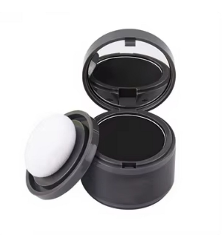 DenseLines hairline & root powder compact — open view showing mirror lid, black powder pan and white puff applicator