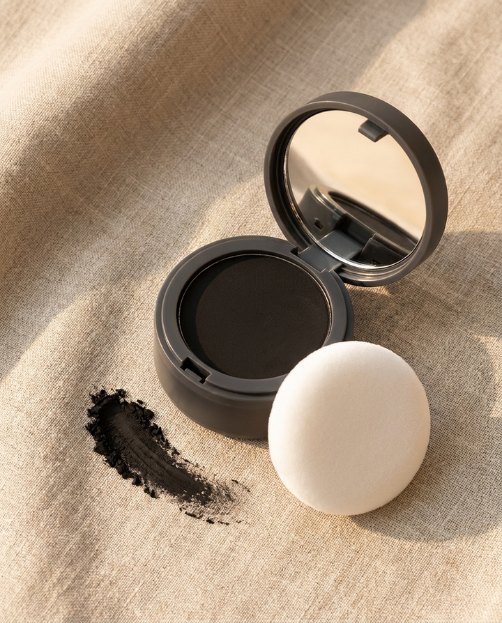DenseLines compact open on linen with black root touch-up powder swatch and white cushion puff