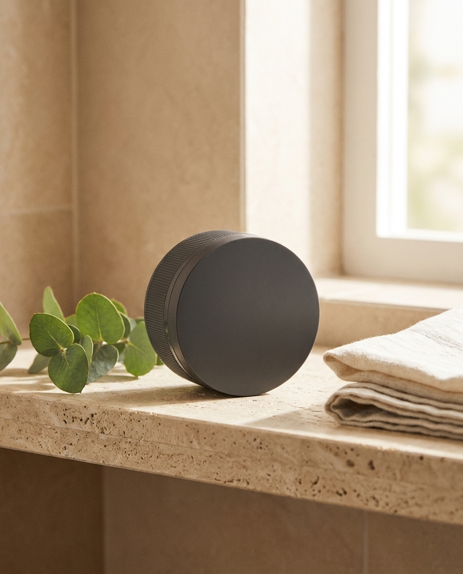 DenseLines root touch-up powder compact on a bathroom shelf